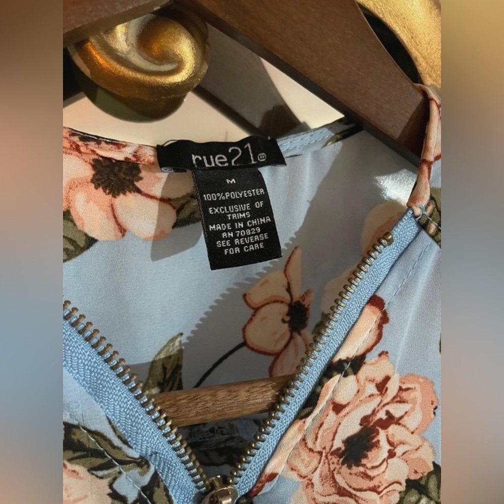 Rue 21 Blue and Pink Floral Zipper and Drawstring Quarter Length Sleeve Blouse - Picture 2 of 5